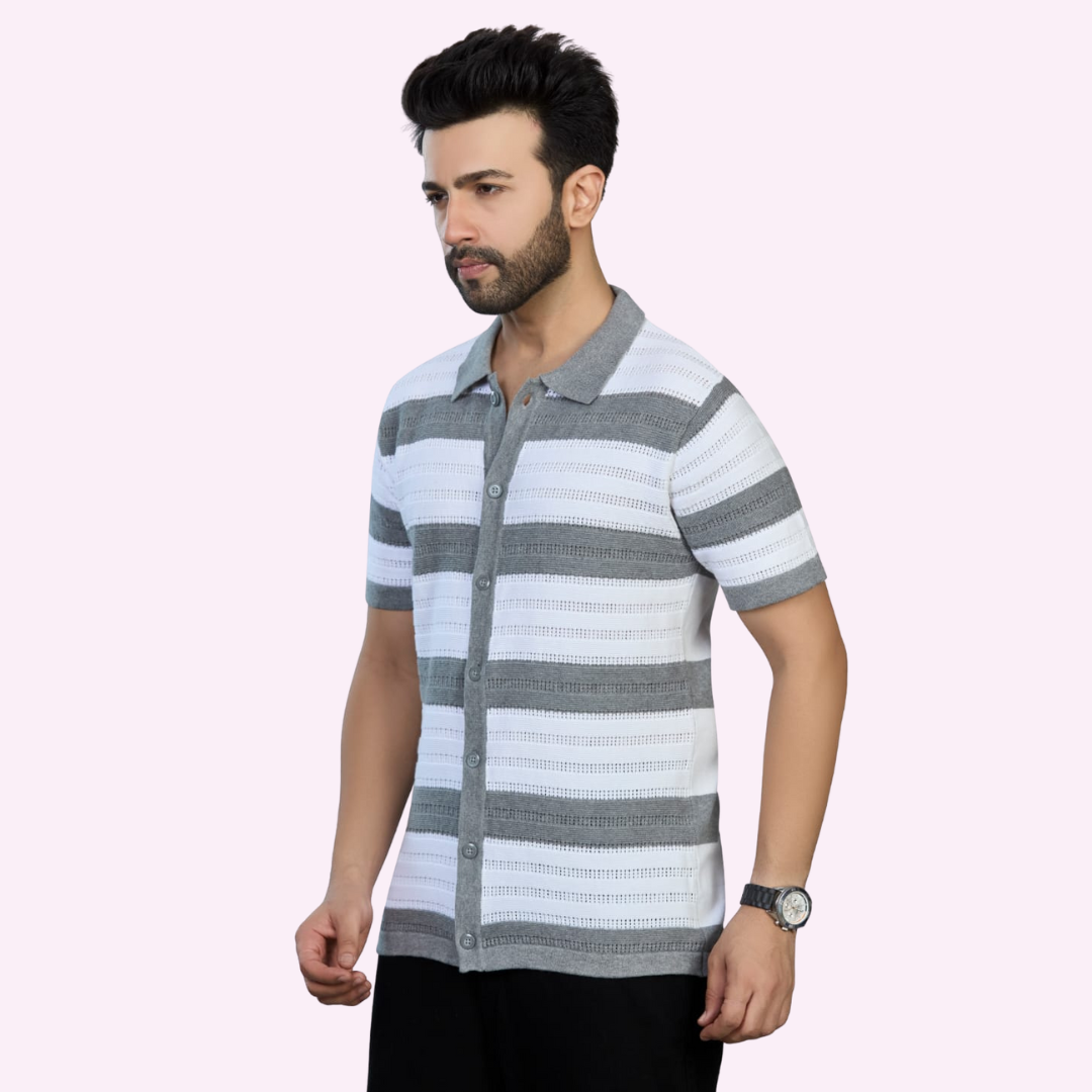 White & Grey Pointelle Knitted Shirt – Airy Elegance with Textured Detail