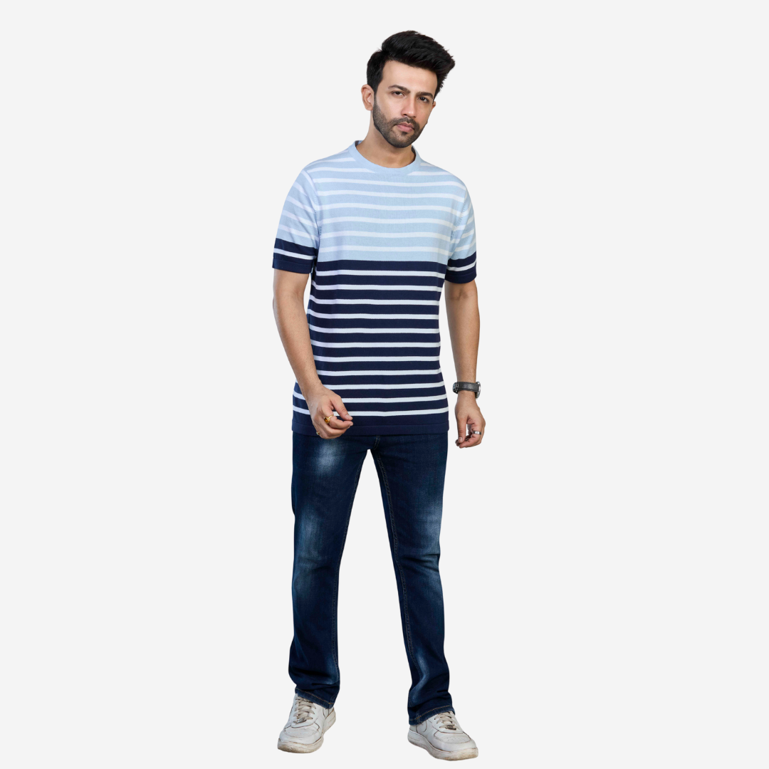 Light Blue & Navy Striped Knitted T-Shirt – Cool Comfort in Every Stitch