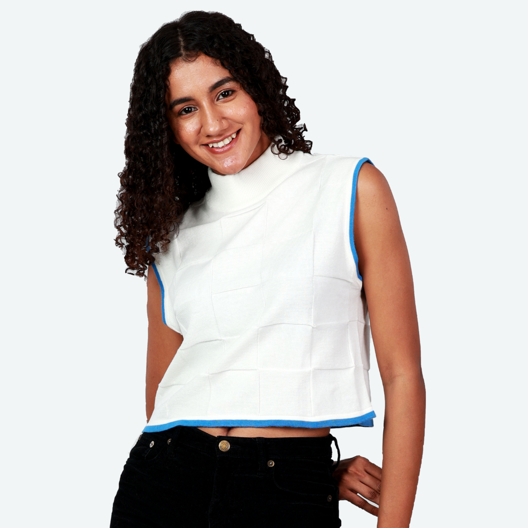 White with Light Blue Tipping High Neck Sleeveless Knitted Exclusive Special Edition Garment