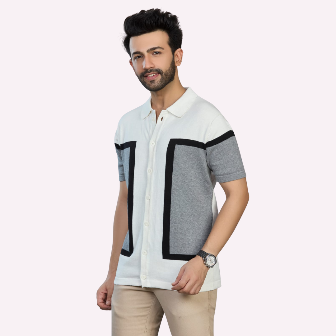 Off-White & Grey Structured Knitted Shirt – Understated Elegance, Elevated Texture