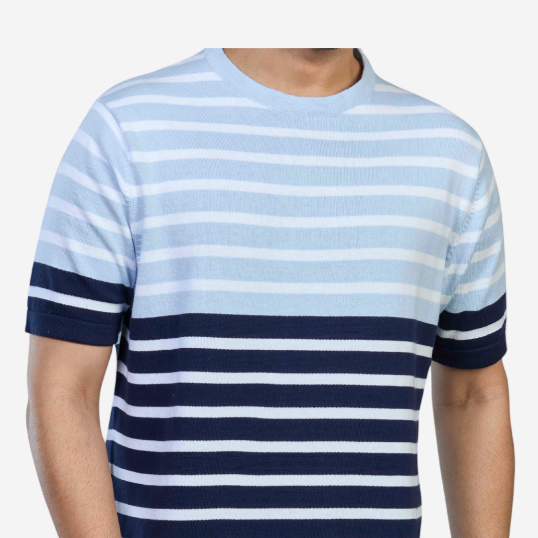 Light Blue & Navy Striped Knitted T-Shirt – Cool Comfort in Every Stitch