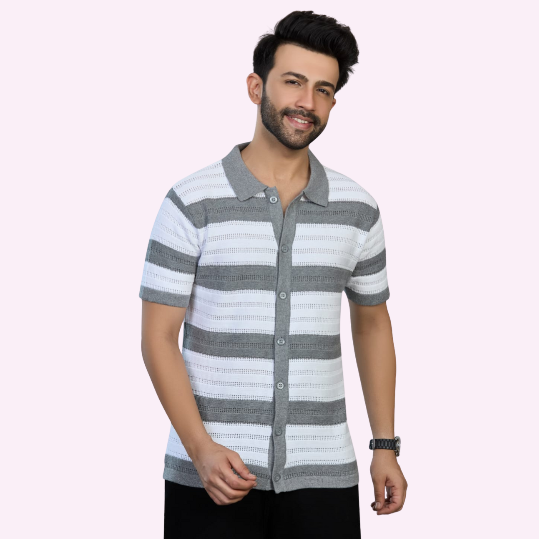 White & Grey Pointelle Knitted Shirt – Airy Elegance with Textured Detail