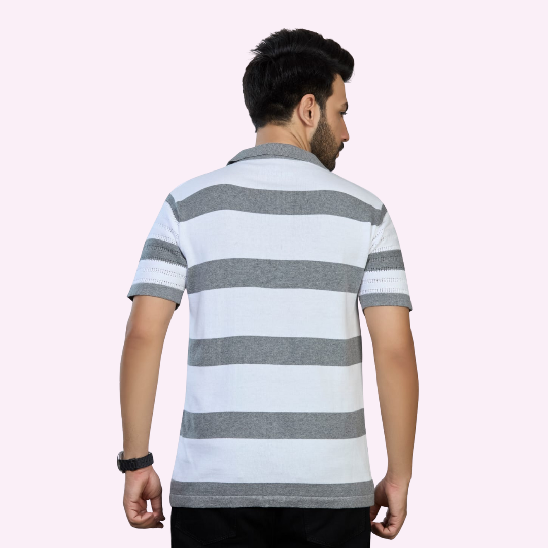White & Grey Pointelle Knitted Shirt – Airy Elegance with Textured Detail