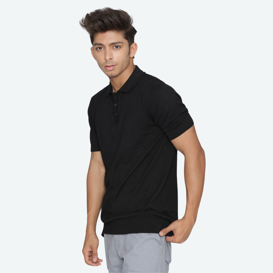 Black Solid Knitted T-Shirt – Pure Comfort in Classic Style