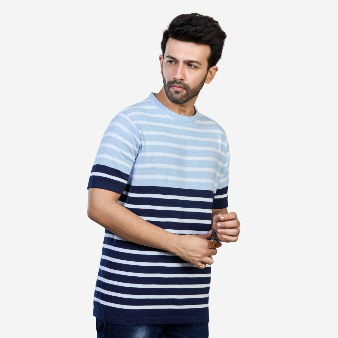 Light Blue & Navy Striped Knitted T-Shirt – Cool Comfort in Every Stitch