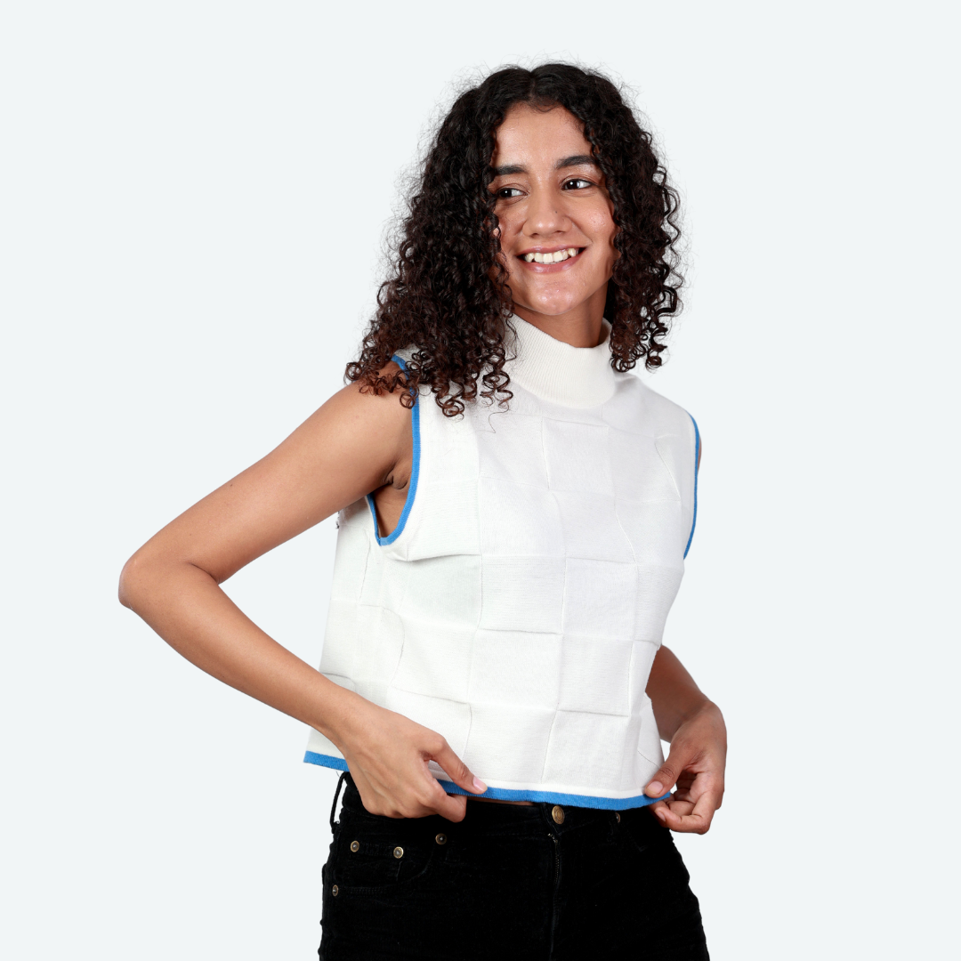 White with Light Blue Tipping High Neck Sleeveless Knitted Exclusive Special Edition Garment