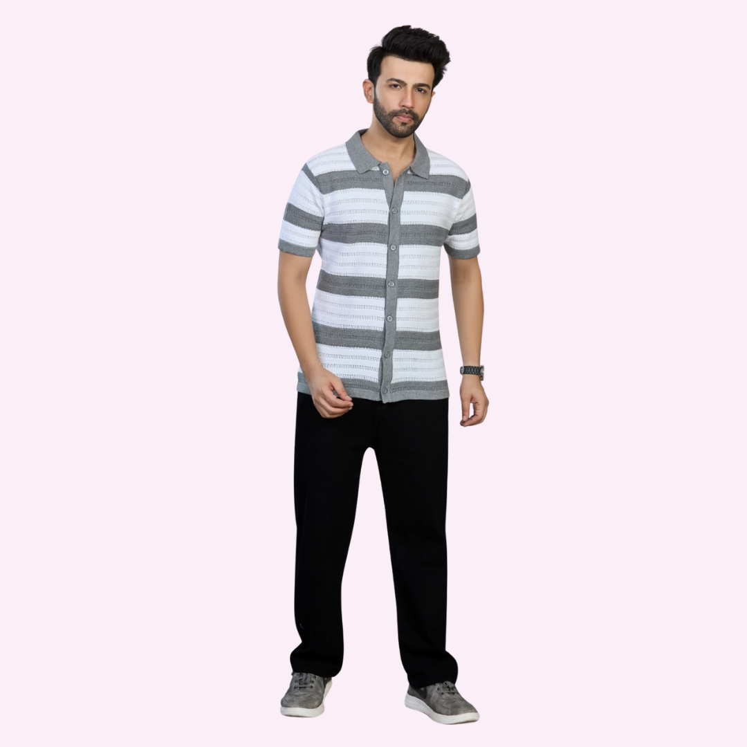 White & Grey Pointelle Knitted Shirt – Airy Elegance with Textured Detail