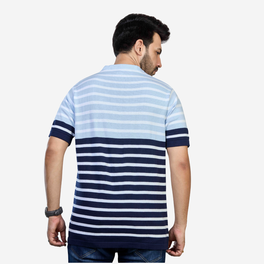 Light Blue & Navy Striped Knitted T-Shirt – Cool Comfort in Every Stitch