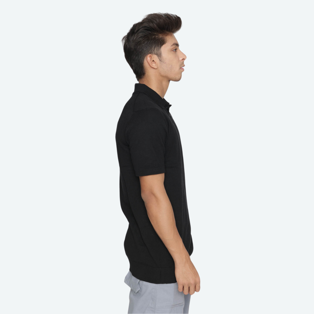Black Solid Knitted T-Shirt – Pure Comfort in Classic Style