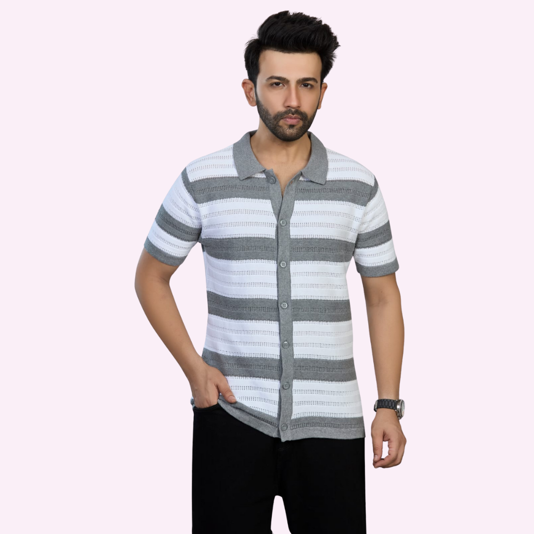 White & Grey Pointelle Knitted Shirt – Airy Elegance with Textured Detail