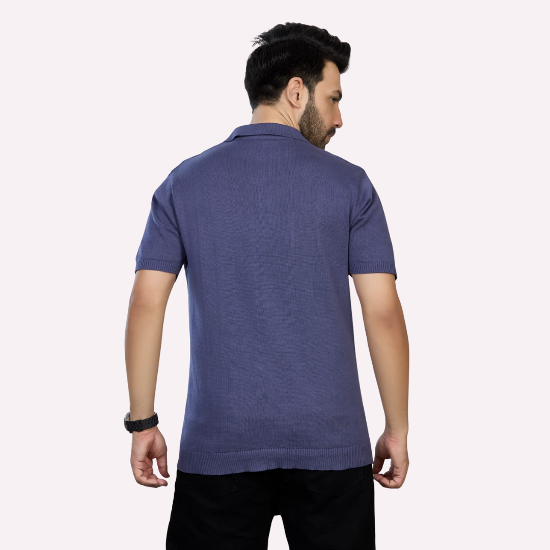 Washed Navy Knitted Polo – Understated Elegance Meets Everyday Comfort