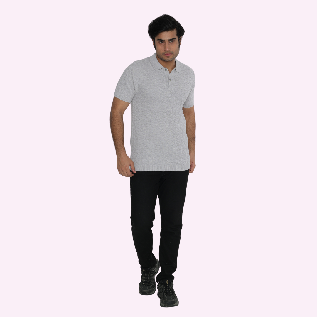 Premium Grey Structured Cotton Polo Knitted T-Shirt