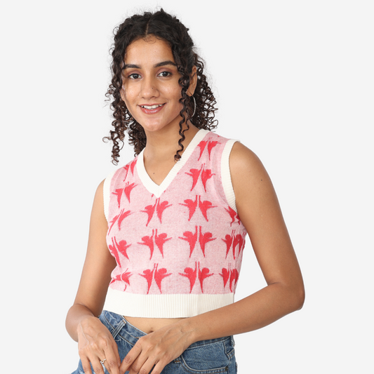 Off-White with Red Structured V-Neck Sleeveless Knitted Exclusive Special Edition Top