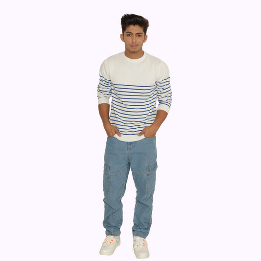 OFF WHITE BLUE STRIPED PREMIUM COTTON FULL SLEEVES T-SHIRT