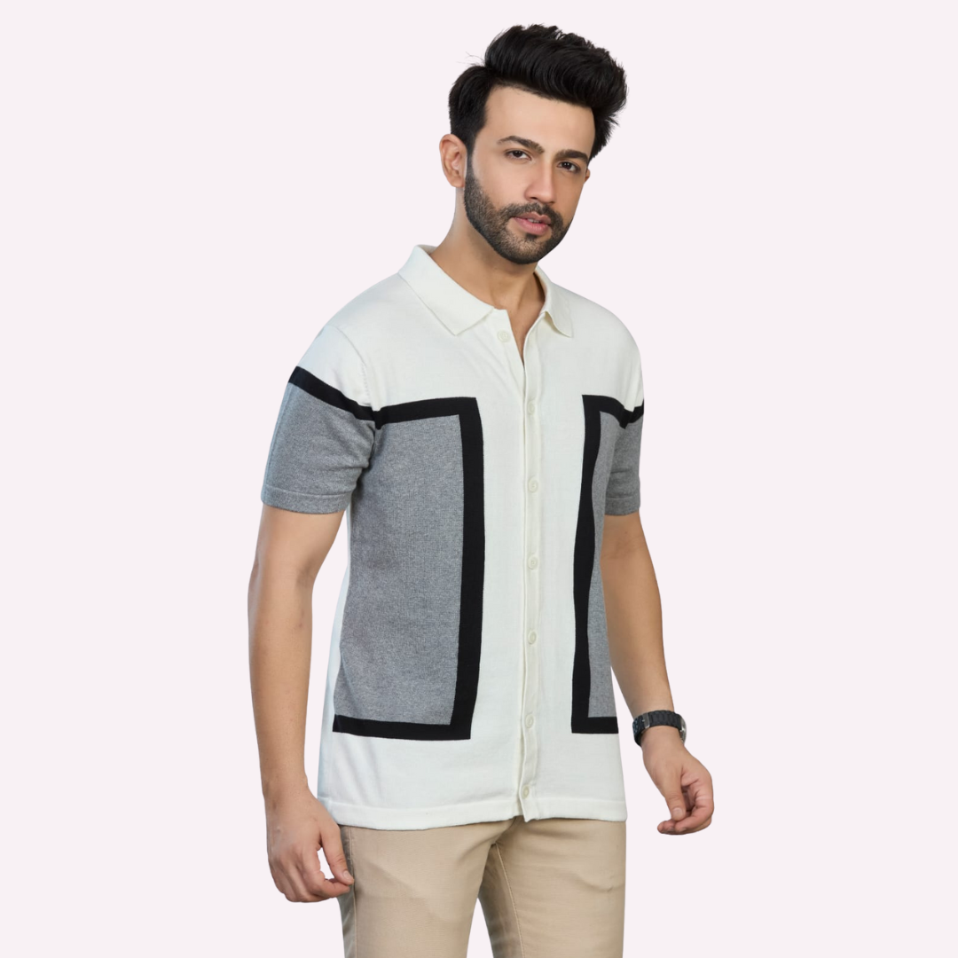Off-White & Grey Structured Knitted Shirt – Understated Elegance, Elevated Texture