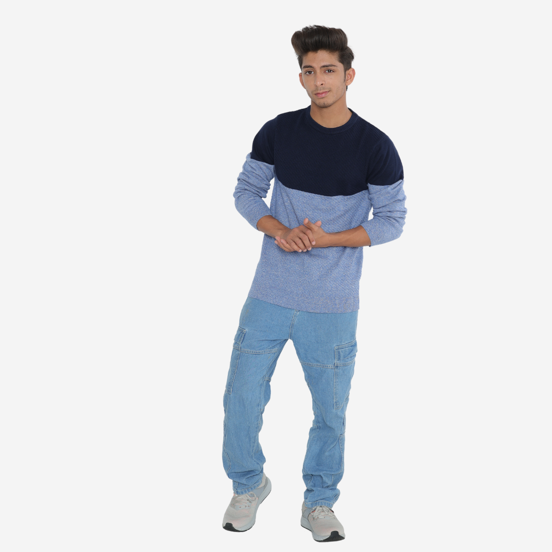 Navy light blue structured cotton special edition knitted T-Shirt