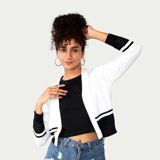 White with Black Pointelle Bottom Knitted Shrug – Exclusive Special Edition