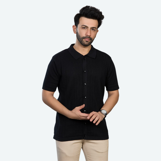Black Pointelle Knitted Cotton Shirt – Bold Texture, Effortless Sophistication