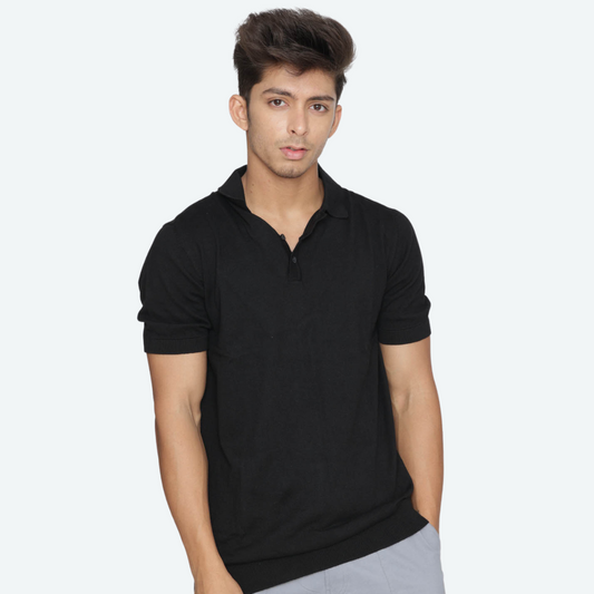 Black Solid Knitted T-Shirt – Pure Comfort in Classic Style