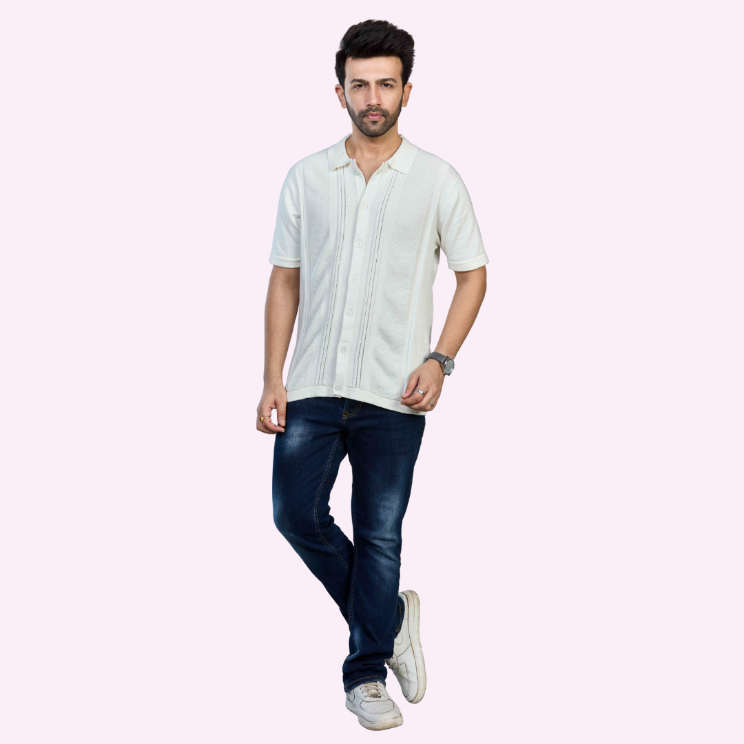 Off-White Structured Knitted Premium Cotton Shirt – Subtle Sophistication in Every Stitch