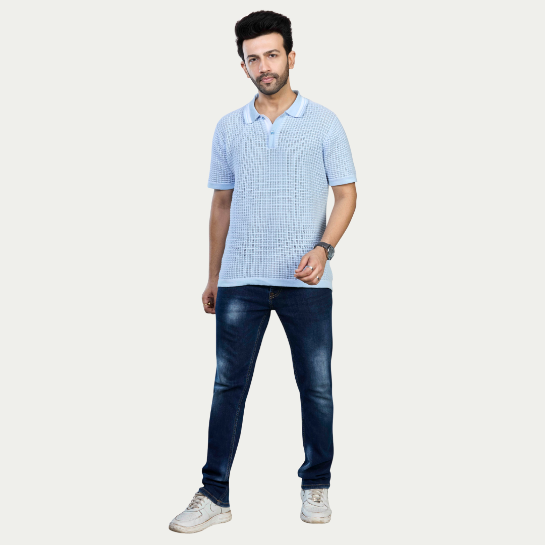Blue & White Pointelle Knitted Polo – Breezy Style with a Premium Touch