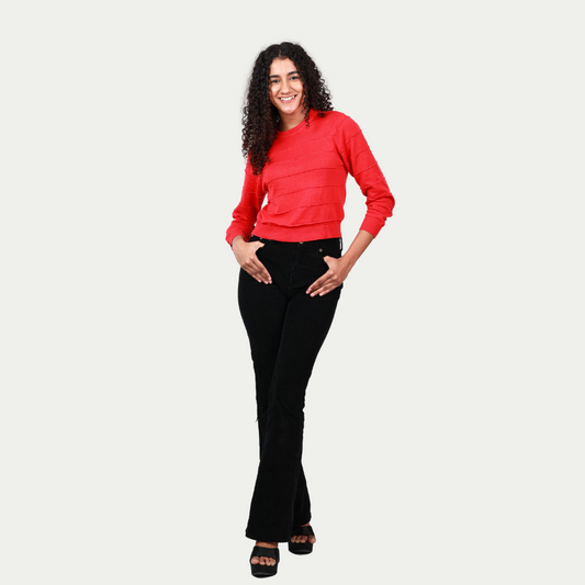 Red Round Neck 3/4 Sleeves Exclusive Special Edition Knitted Top