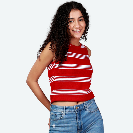 Red with White Stripes Round Neck Sleeveless Knitted Exclusive Special Edition Garment