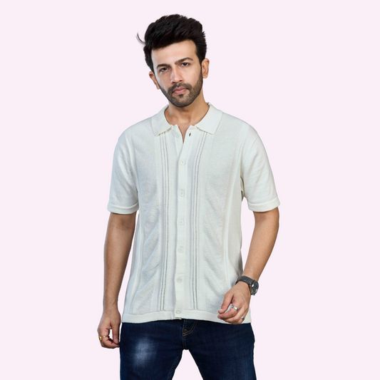 Off-White Structured Knitted Premium Cotton Shirt – Subtle Sophistication in Every Stitch