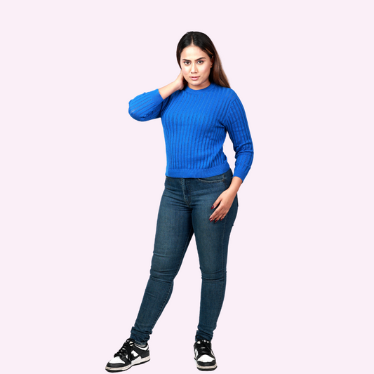 Blue Round Neck Pointelle Structured 3/4 Sleeves Exclusive Special Edition Crop Top
