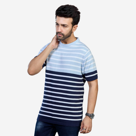 Light Blue & Navy Striped Knitted T-Shirt – Cool Comfort in Every Stitch