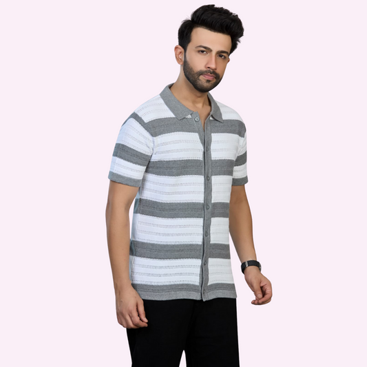 White & Grey Pointelle Knitted Shirt – Airy Elegance with Textured Detail