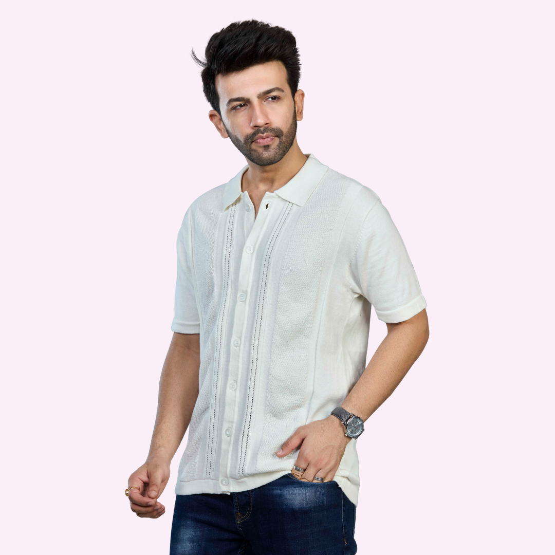 Off-White Structured Knitted Premium Cotton Shirt – Subtle Sophistication in Every Stitch