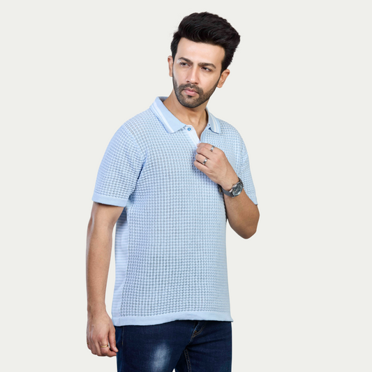 Blue & White Pointelle Knitted Polo – Breezy Style with a Premium Touch