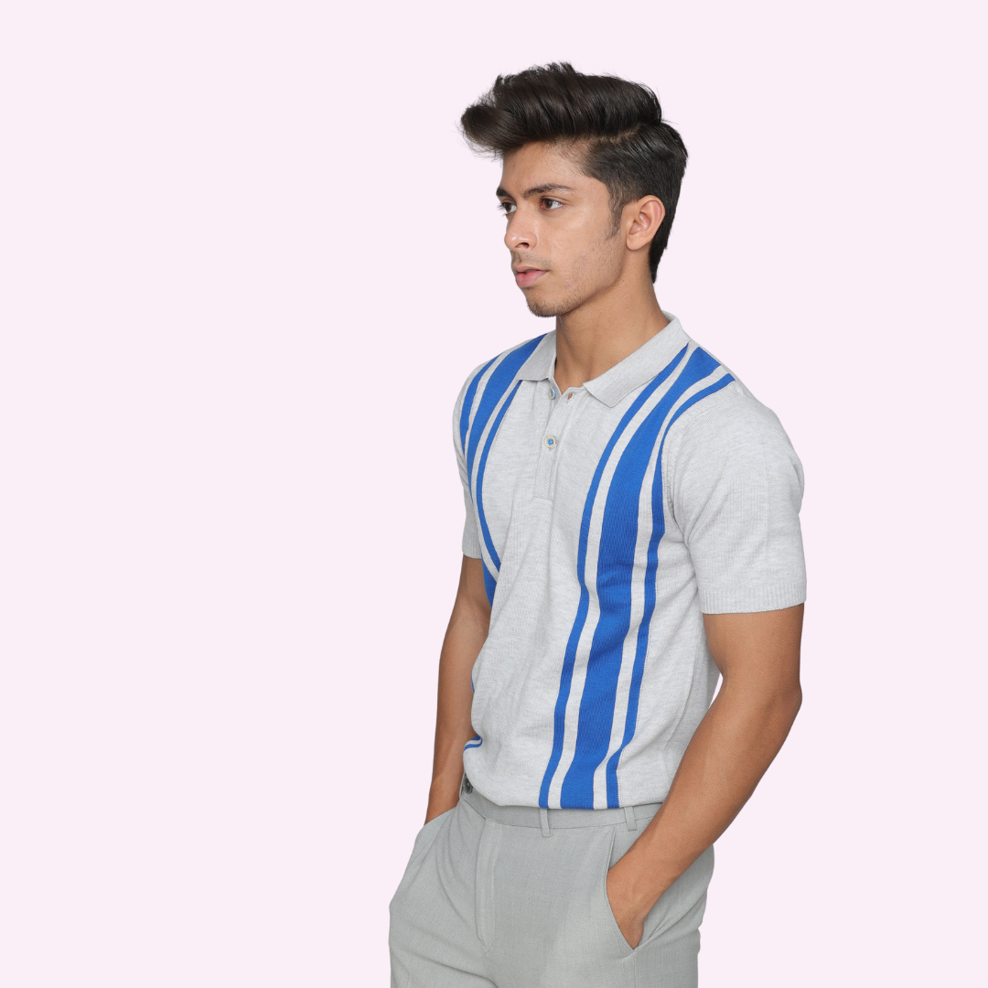 Premium Grey/Blue Structured Cotton Polo T-Shirt – Subtle, Stylish, and Timelessly Versatile