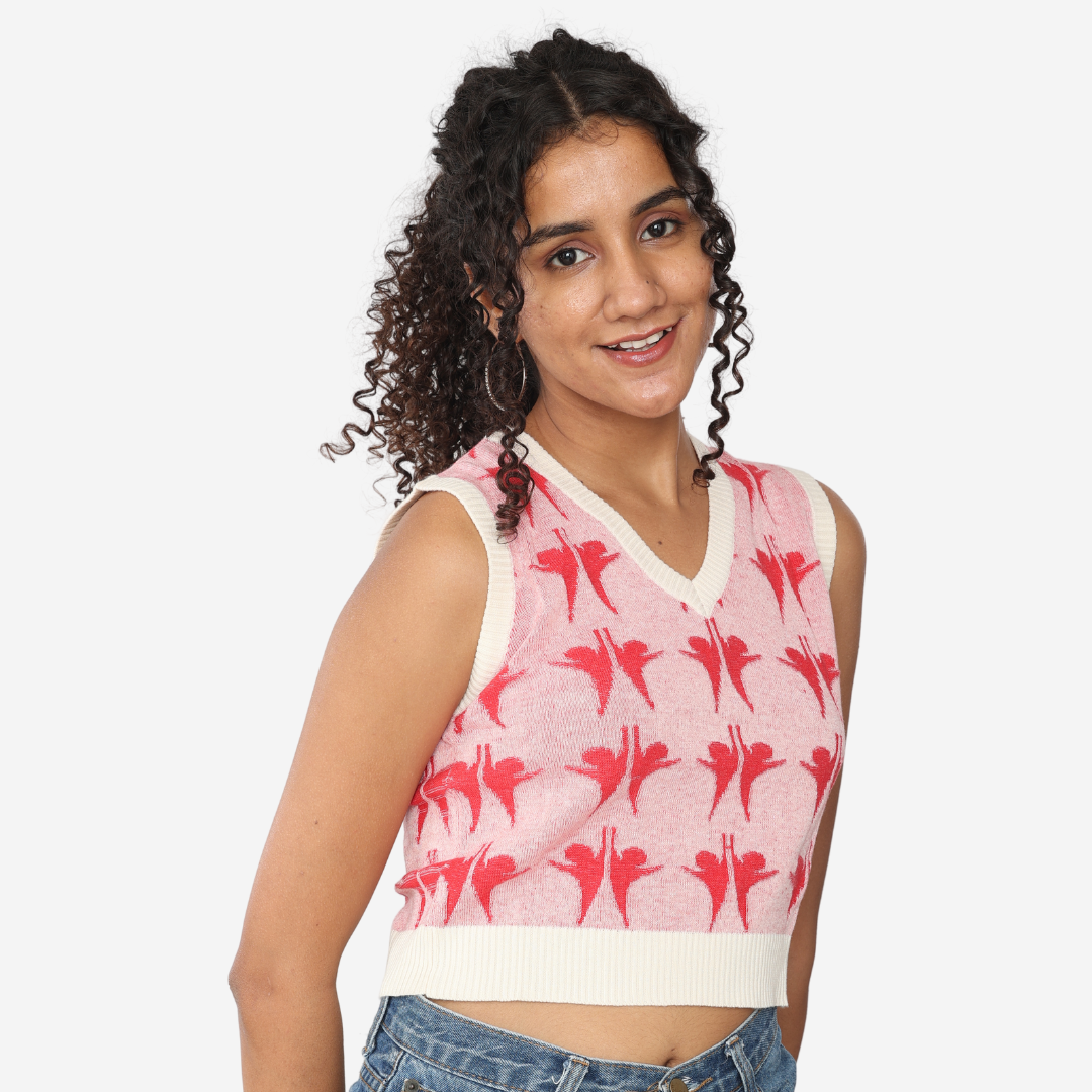 Off-White with Red Structured V-Neck Sleeveless Knitted Exclusive Special Edition Top