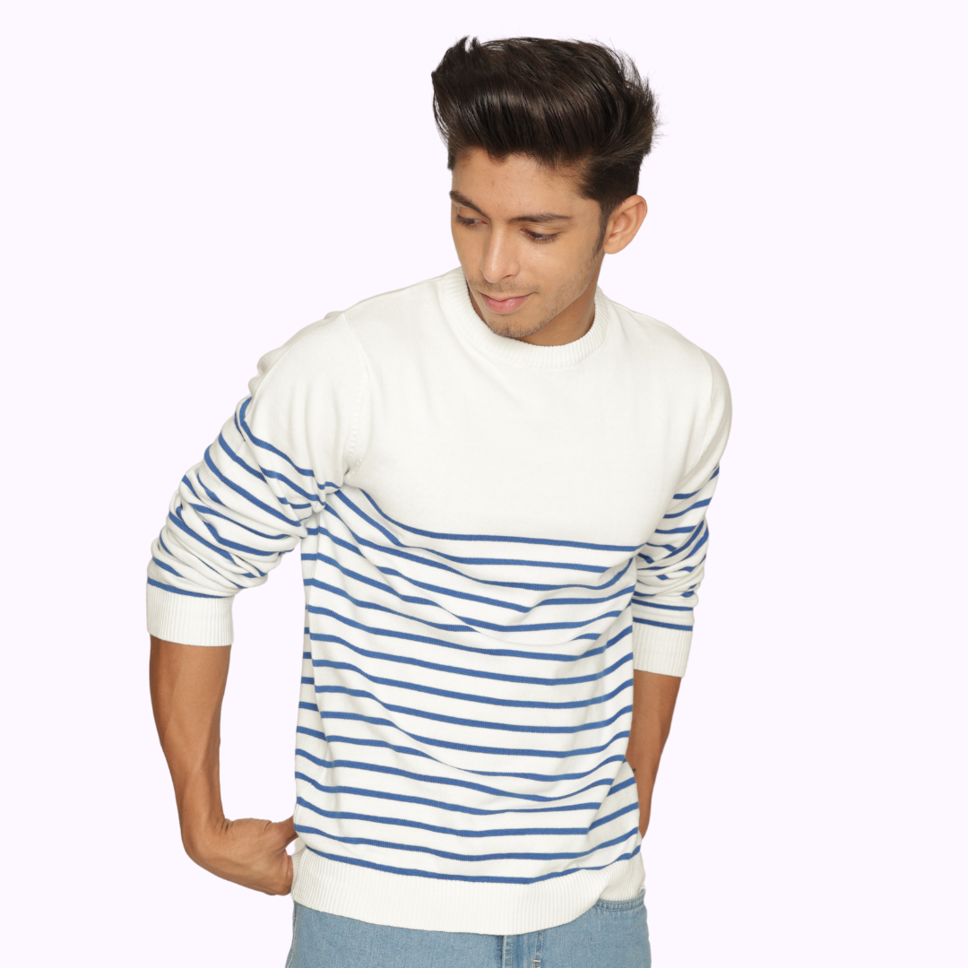 OFF WHITE BLUE STRIPED PREMIUM COTTON FULL SLEEVES T-SHIRT