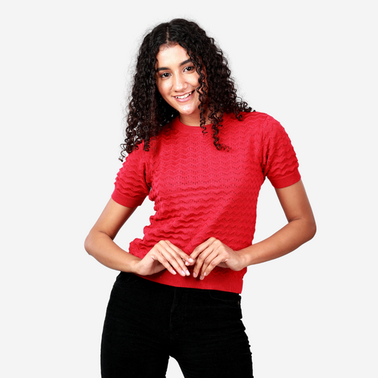 Red Pointelle Half Sleeves Knitted Top – Exclusive Special Edition