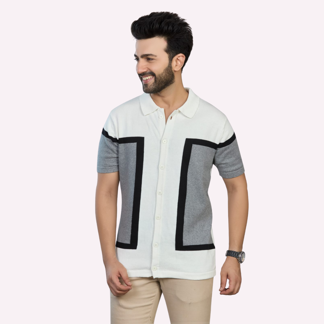 Off-White & Grey Structured Knitted Shirt – Understated Elegance, Elevated Texture