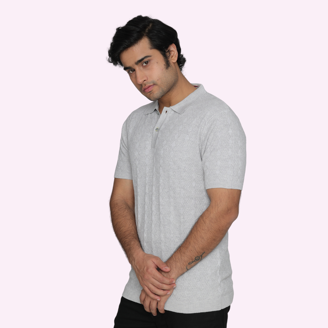 Premium Grey Structured Cotton Polo Knitted T-Shirt