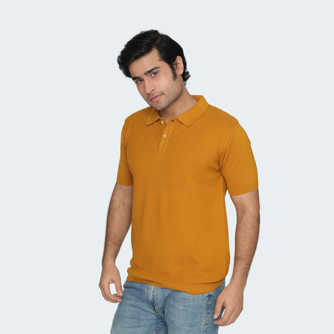 Premium Mustard Knitted Polo T-Shirt – Vibrant, Textured, and Effortlessly Stylish