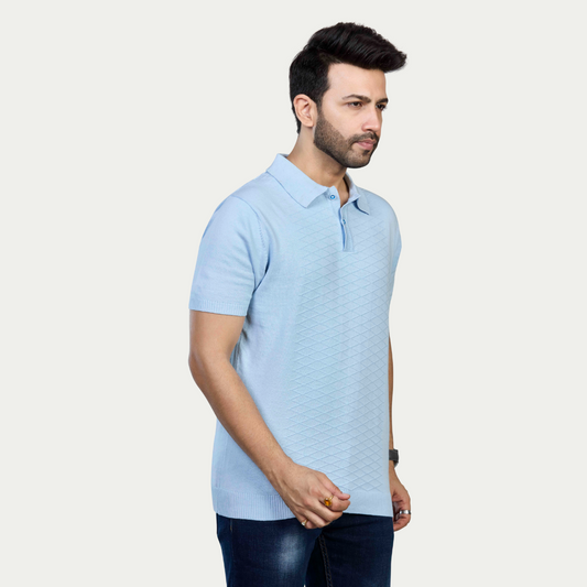 Sky Blue Textured Knitted Polo – Light, Luxe & Effortlessly Cool