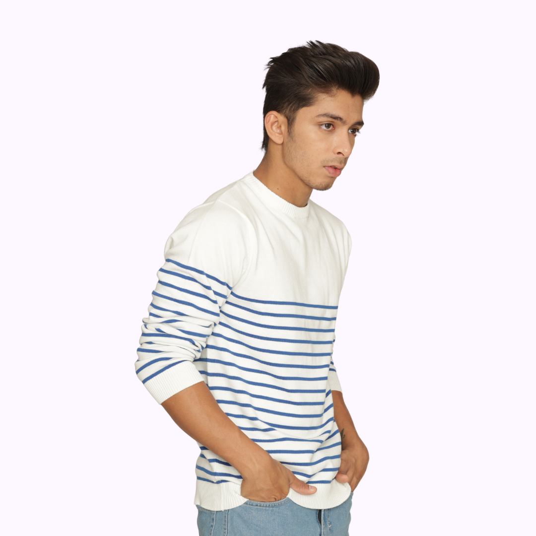 OFF WHITE BLUE STRIPED PREMIUM COTTON FULL SLEEVES T-SHIRT