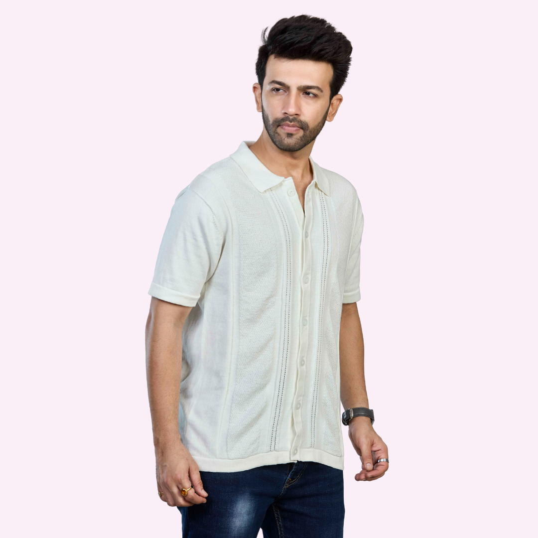Off-White Structured Knitted Premium Cotton Shirt – Subtle Sophistication in Every Stitch