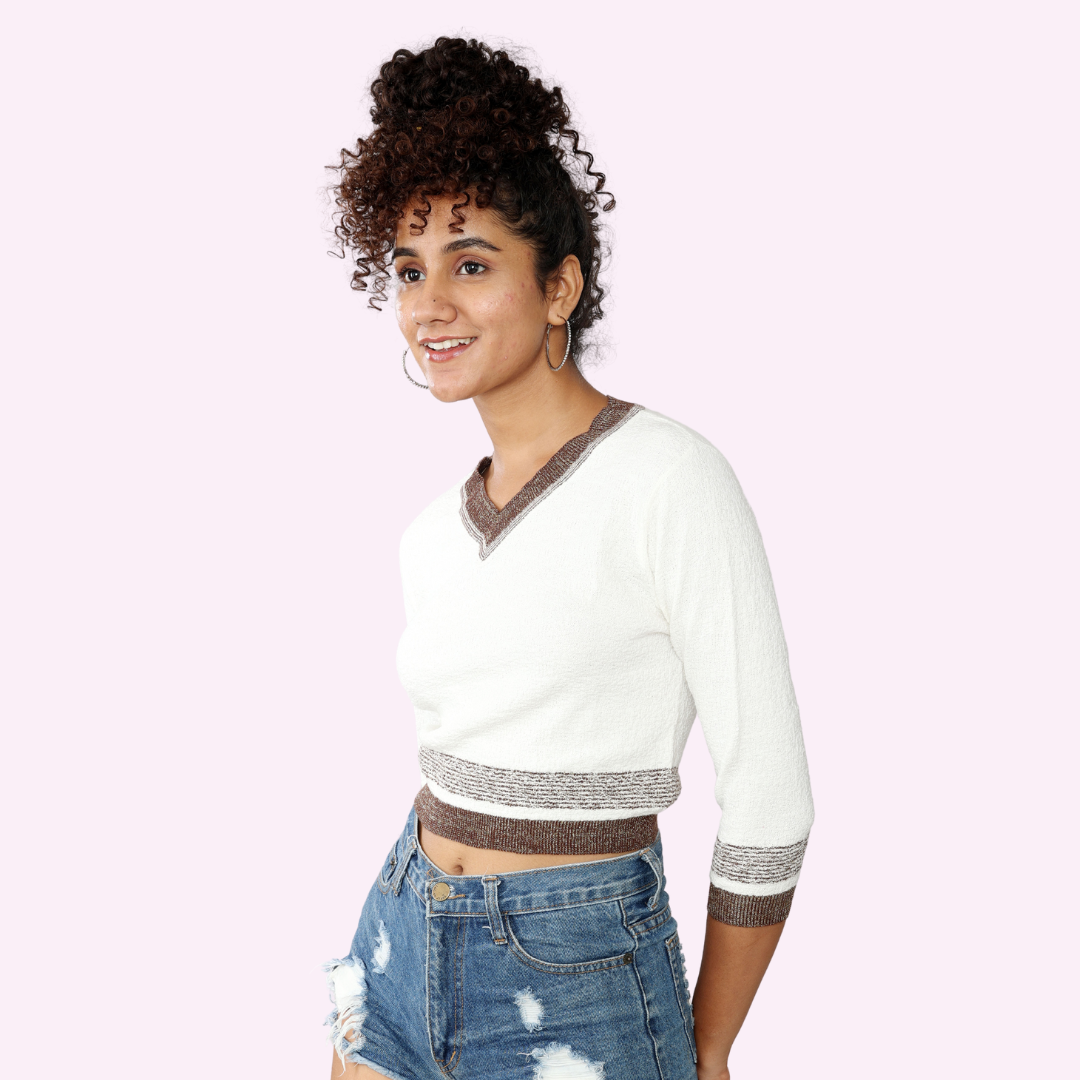 Off-White V-Neck Three-Fourth Sleeves Crop Top – Exclusive Special Edition