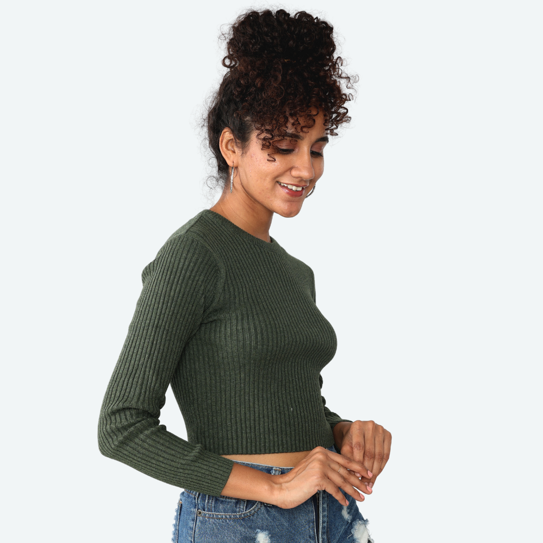 Olive Ribbed Full Sleeves Knitted T-Shirt – Exclusive Special Edition