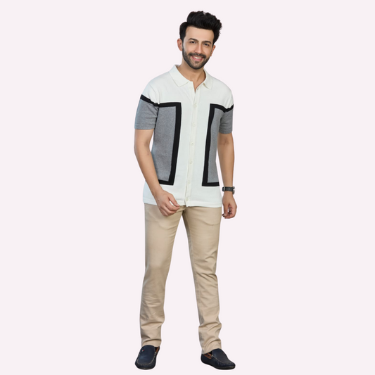 Off-White & Grey Structured Knitted Shirt – Understated Elegance, Elevated Texture