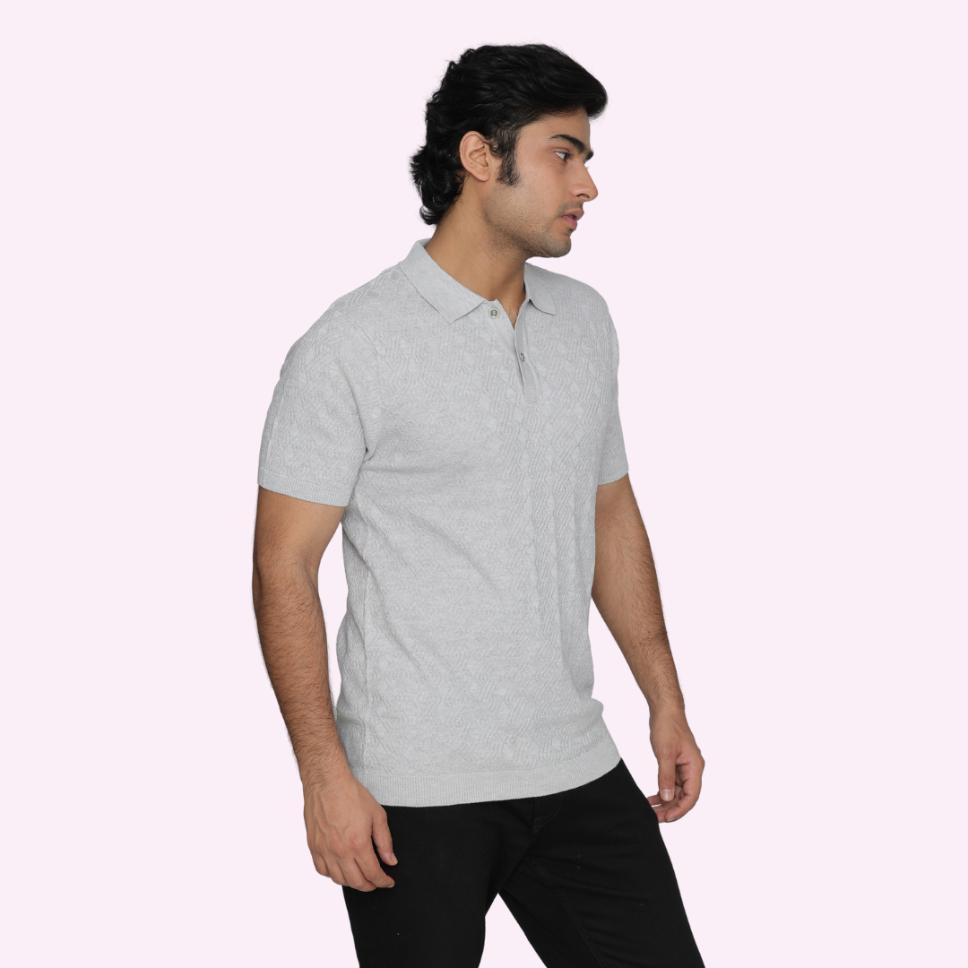 Premium Grey Structured Cotton Polo Knitted T-Shirt