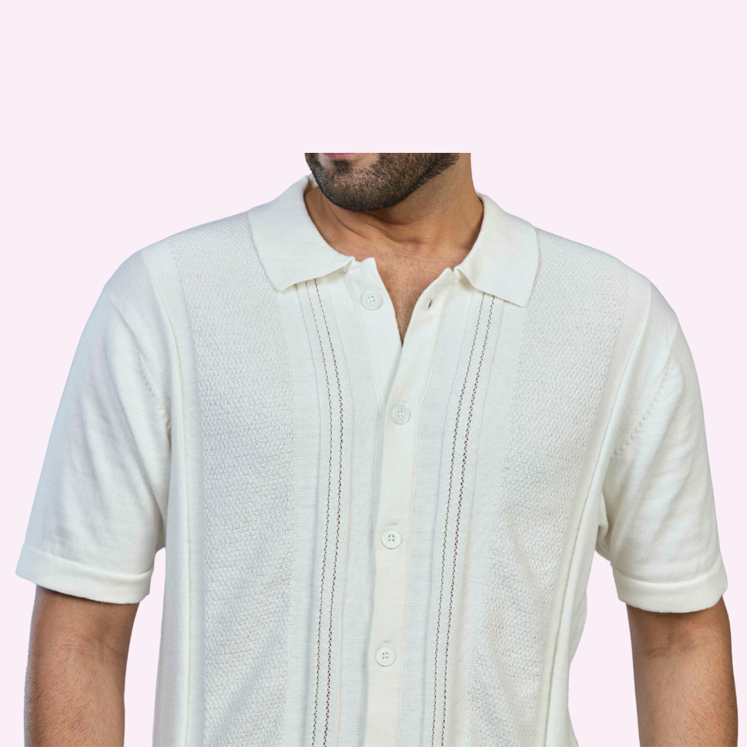 Off-White Structured Knitted Premium Cotton Shirt – Subtle Sophistication in Every Stitch