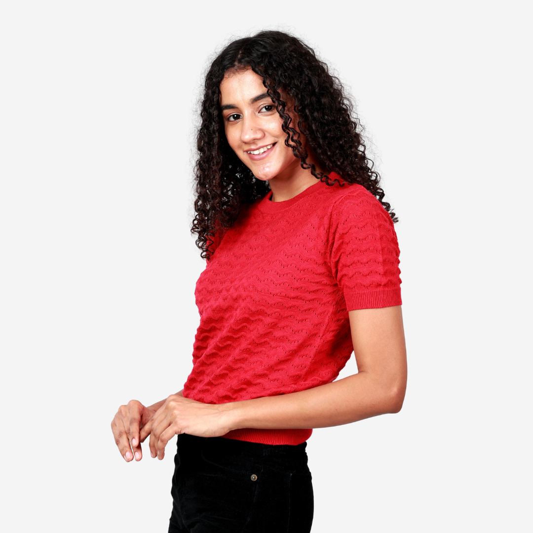 Red Pointelle Half Sleeves Knitted Top – Exclusive Special Edition