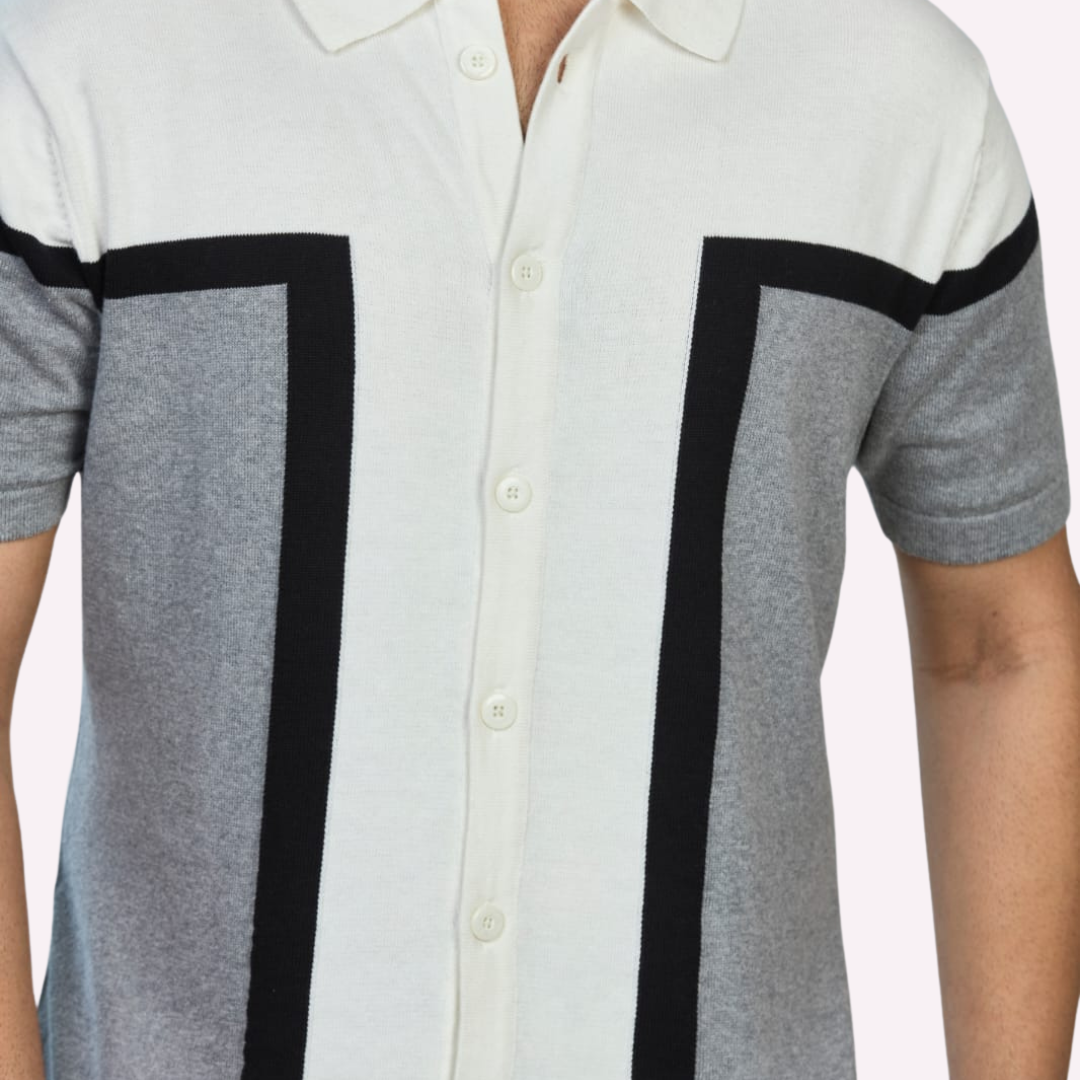 Off-White & Grey Structured Knitted Shirt – Understated Elegance, Elevated Texture